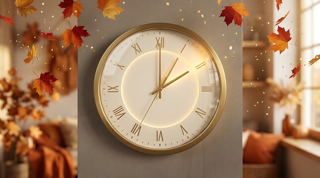 Elegant golden wall clock with Roman numerals surrounded by falling autumn leaves and warm bokeh