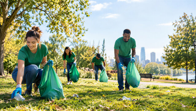 Volunteers in green shirts picking up litter in city park with skyline in background. Team collecting plastic bottles and trash bags. Community cleanup, volunteering and charity work.