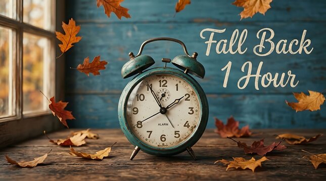 Vintage Alarm Clock with Falling Leaves and Fall Back 1 Hour Text for Daylight Saving Time Concept