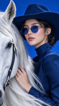 Equestrian lifestyle features woman in cowboy hat touching white