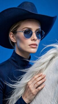 Fashion portrait of a woman wearing a cowboy hat blue sunglasses and