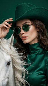 Fashion portrait featuring a woman in a green hat sunglasses and