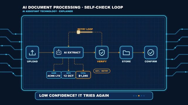 Animated Infographic Demonstrating AI Document Processing Self Check Loop and Automated Data Extraction Workflow for Enterprise Technology Explainer Presentation
