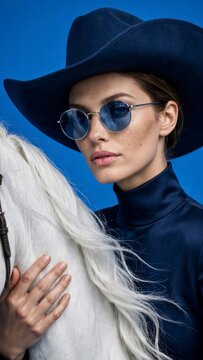 Fashion portrait of a woman wearing a cowboy hat and sunglasses