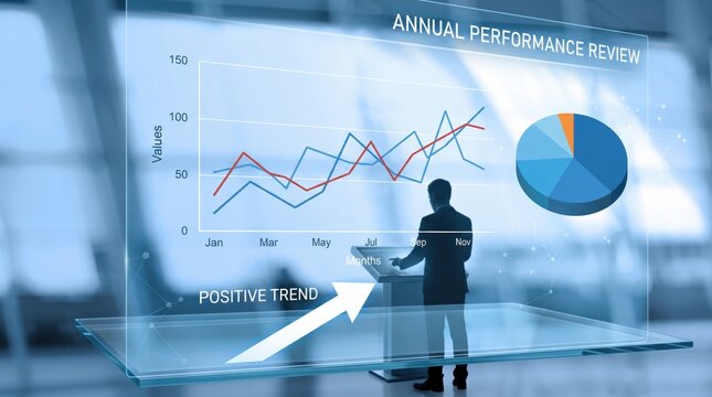 Annual performance review meeting with interactive holographic graph display, business manager presenting positive trend analysis to team