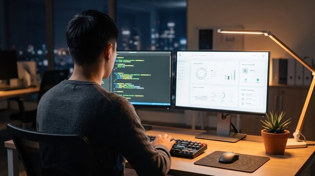Young male software developer working late at night in a modern office, coding on dual monitors with data analytics dashboard, technology business concept