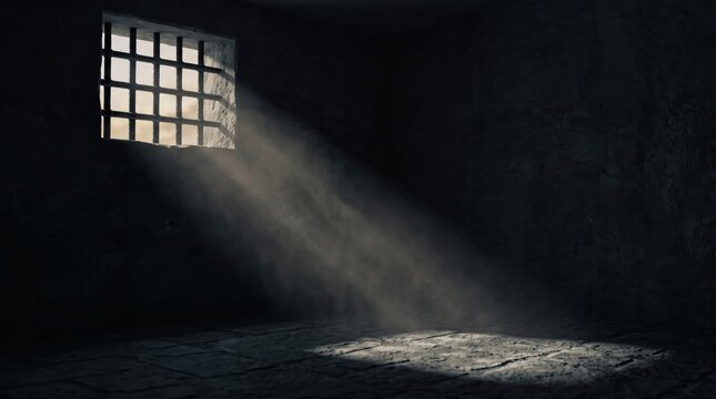 Dark prison cell interior with barred window allowing dramatic beam of sunlight to enter illuminating dust particles on stone floor symbolizing hope freedom or spiritual