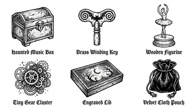 Haunted music box and brass winding key featured alongside vintage engraved items in detailed monochrome ink sketch.