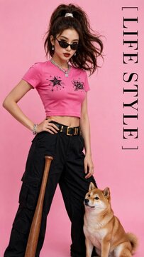 Fashion lifestyle with a stylish woman baseball bat and shiba inu dog