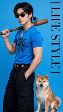 Young man embracing casual lifestyle with baseball bat dog and trendy