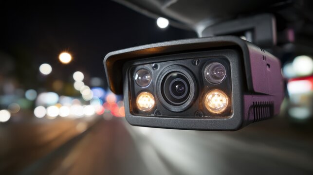 Night vision enabled dash camera in medium closeup displaying glowing sensors and clear nighttime road view through blurred car windows for focused safety.