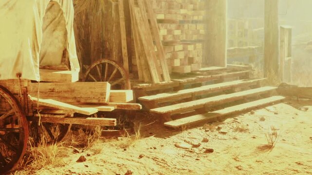 Sunlight filters through a dusty landscape, illuminating stacks of wooden planks beside an old wagon. The scene conveys a warm, nostalgic feeling of a bygone era in the wilderness.