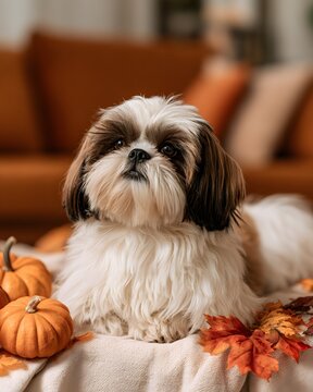 Cute shih tzu dog posing on a soft blanket with pumpkins and autumn leaves in a cozy home interior