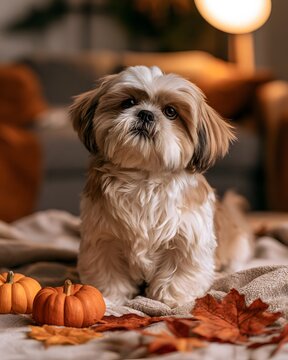 Adorable shih tzu dog sitting on a cozy blanket with autumn pumpkins and fall leaves in a warm indoor setting