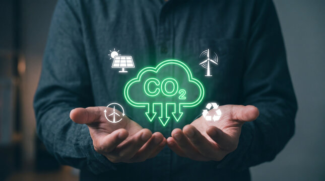 Businessman Holding Glowing CO2 Reduction Globe Hologram