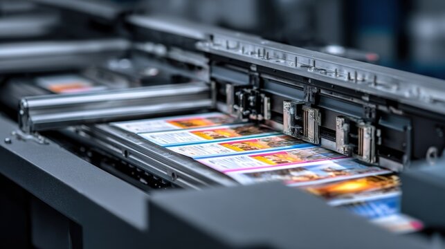 Closeup of a variable data printer producing personalized marketing materials with individualized text and images for direct mail campaigns.