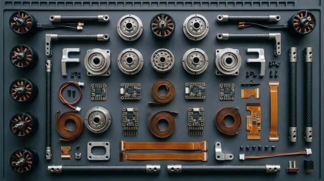 Knolling arrangement of precision humanoid robot components including brushless motors, harmonic drive gearboxes, IMU sensor boards, and carbon fiber struts.