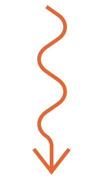 Orange wavy arrow pointing down vector illustration. Financial decline, market crash, economic recession, downward trend, business failure, unstable path. Curved pointer facing bottom