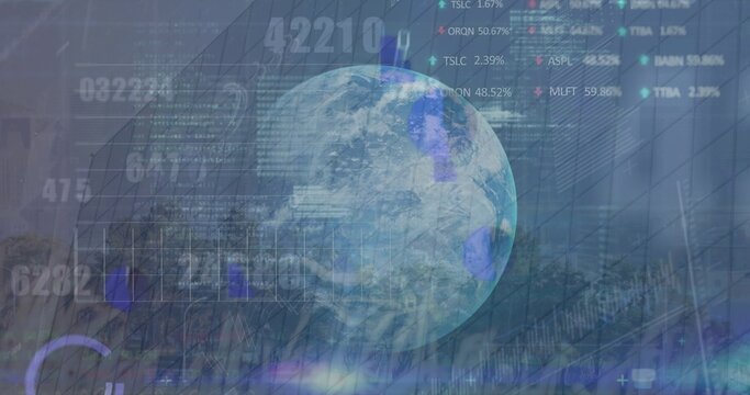 Floating translucent Earth globe revealing financial charts at digital dashboard