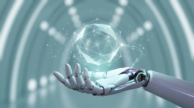 Futuristic robotic hand holding a glowing holographic digital sphere with data network nodes, representing artificial intelligence, machine learning, big data, cyber security