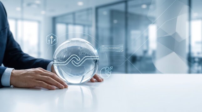 Businessman touching glass sphere with handshake graphic and global partnership text overlay, representing international cooperation, strategic alliances, merger acquisition