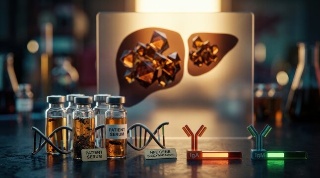 Serum vials, HFE gene strand, iron particles, ferritin crystals and paired IgA and IgM assay markers connect hemochromatosis with liver iron overload.