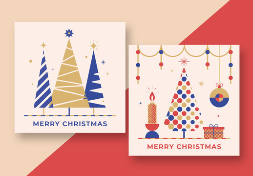 Geometric Christmas Holiday Greeting Card Layout with Xmas Tree