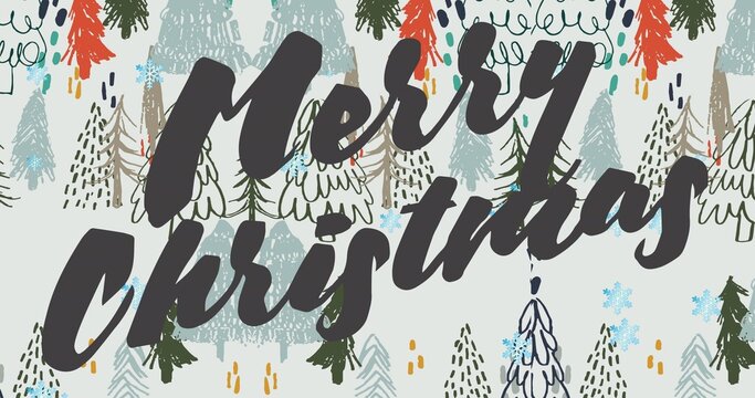 Displaying hand-lettered Merry Christmas script across flat card, with evergreen trees