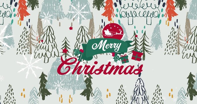 Featuring Merry Christmas ribbon emblem filling greeting card, with Santa sleigh, holly, trees