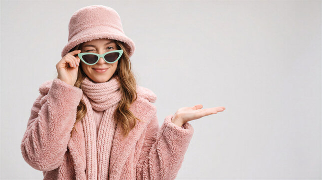 Stylish young woman in pink teddy coat, bucket hat, and scarf winking and gesturing with hand against a light gray background