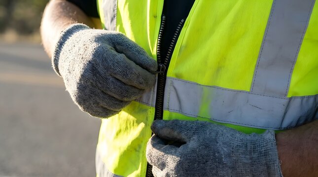 Close-up of a worker's hands wearing protective gloves and zipping up a high-visibility neon yellow safety vest with reflective strips before starting a shift in an industrial environment.