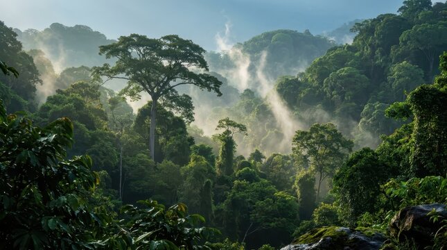 Lush rainforest canopy emerges from morning mist and sunlight