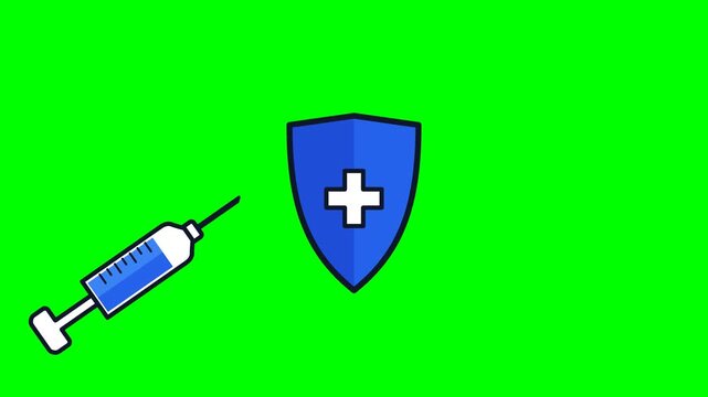 Medical syringe moves toward a protective shield, followed by a plus symbol appearing at the center on a green screen background.