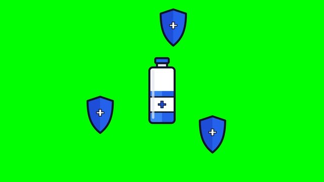 Vaccine vial surrounded by three rotating shield icons forming a protective circle. Clean medical motion graphics representing vaccination on a green screen background.