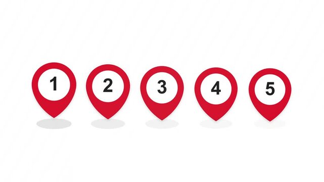 Numbered Map Pin Location Markers Animation Isolated on White Background. 4K Video