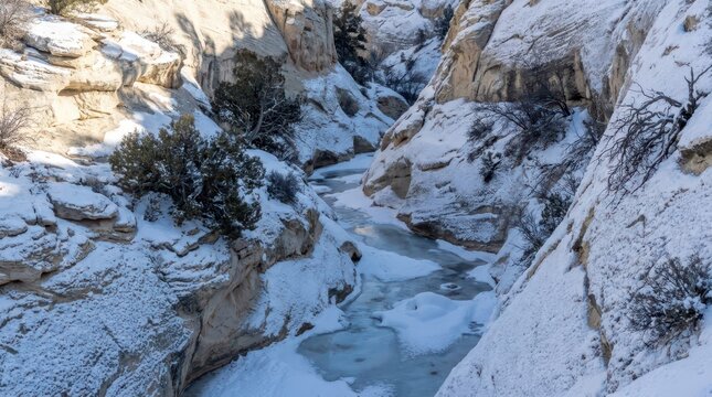 Frozen river flows through a narrow snow covered canyon landscape