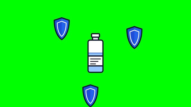 Vaccine vial surrounded by three rotating shield icons that form a protective circle on green screen background 