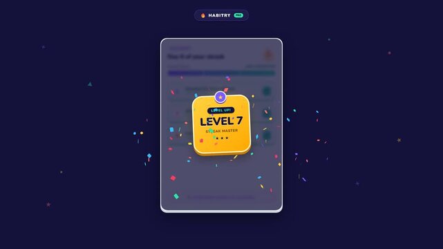 Gamified app animation with progress bar level badge and confetti