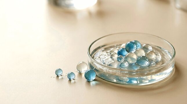Blue and transparent hydrogel beads with moisture serum in glass petri dish on neutral background, close-up cosmetic skincare formulation and scientific laboratory testing concept