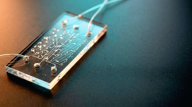 Microfluidic chip device with etched channels and connecting capillary tubes on dark surface in laboratory lighting for scientific biotechnology research