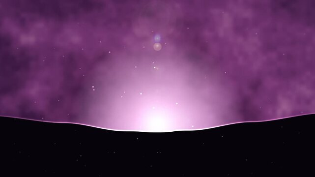 Twilight pink and violet backlight behind dark mountain ridge, soft volumetric light rays through haze and glowing dust particles, dreamy cinematic seamless loop background 4K