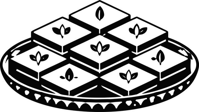 Minimalist Indian barfi sweets on a plate, black and white vector illustration of kaju katli dessert, traditional food icon for festival menu