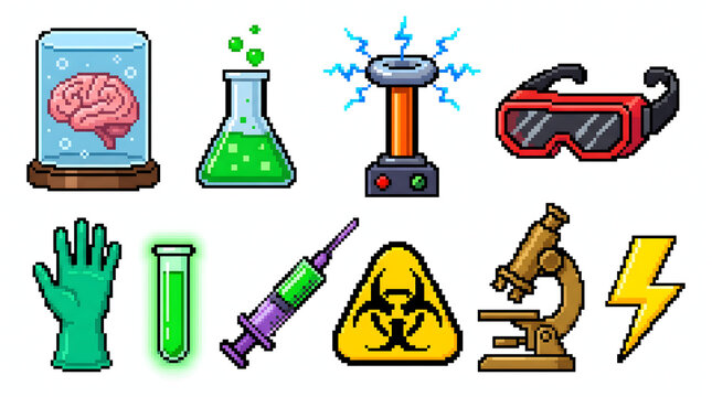 Set of pixel art mad scientist laboratory icons with brain jar and scientific research equipment.