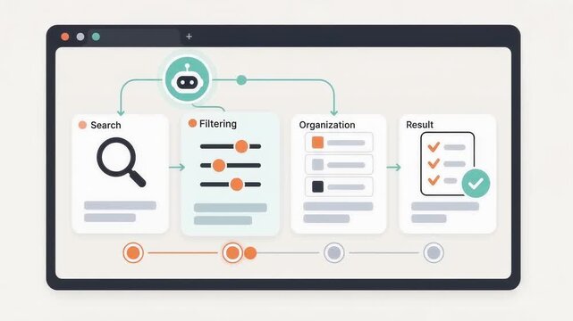 Animation of search filtering organization and result workflow steps in browser