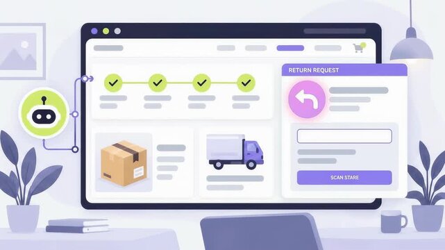 Animation of an AI agent processing a package return order on a computer screen