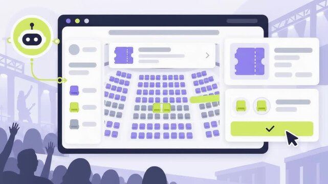 Animation showing online concert ticket booking interface with seat selection on a website.