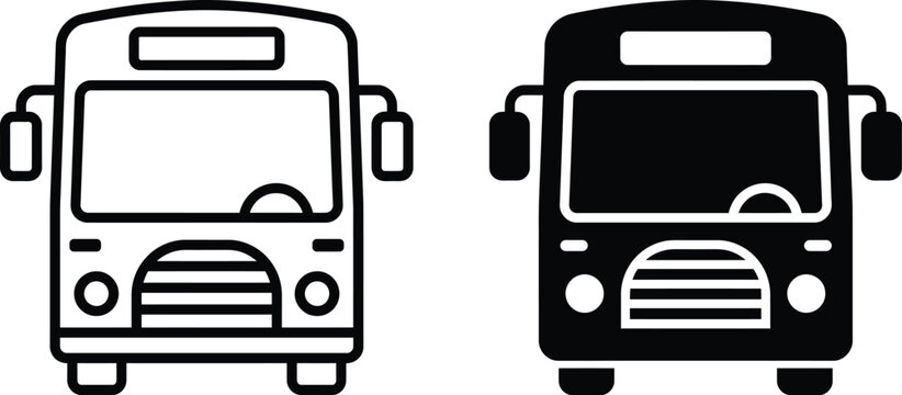 Front view of school bus icons presented as line drawing and filled silhouette