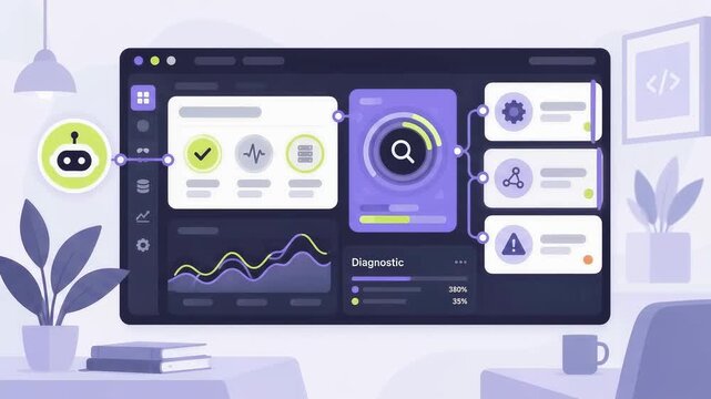 Animation showing website diagnostics and data analytics on a computer screen interface