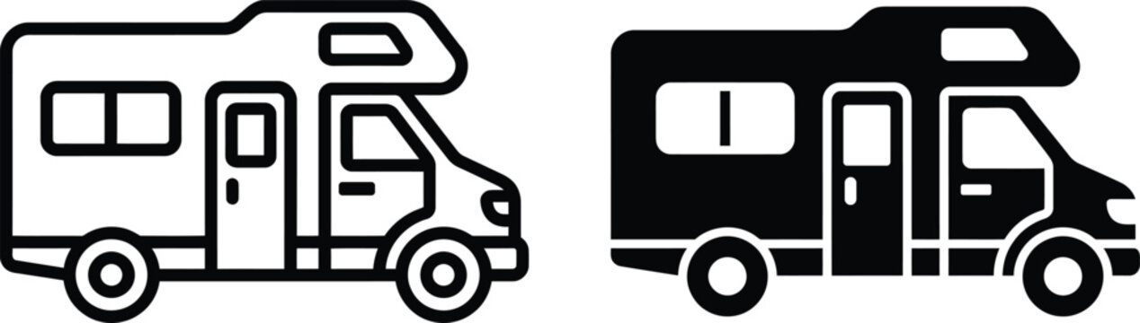 Camper van vehicle icons displayed in both outlined and filled design variations with recreational white background road trip motorhome