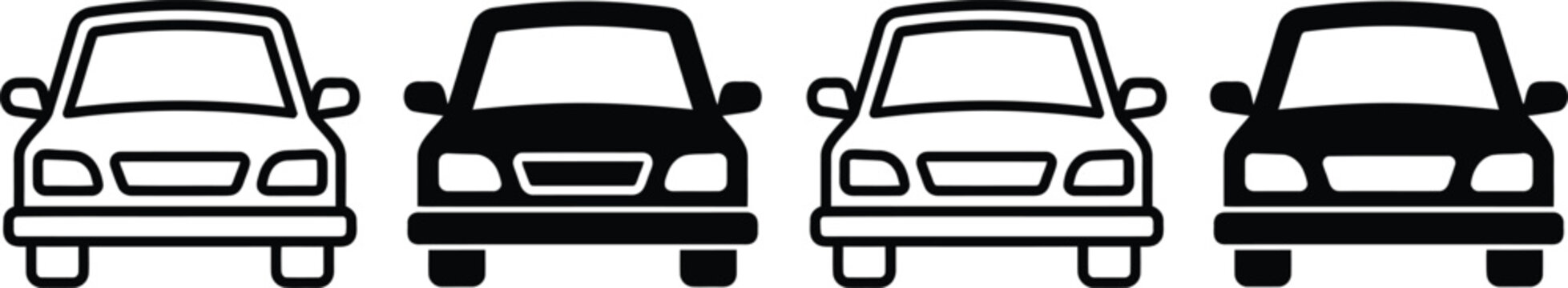 Set of front view car icons illustrating automotive transport and traffic concepts